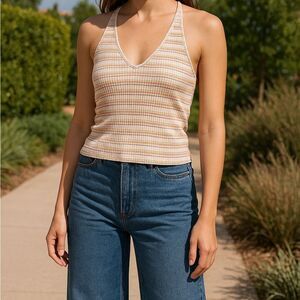 American Eagle Outfitters Ribbed Striped V-Neck Halter Tank in Multicolor Stripe